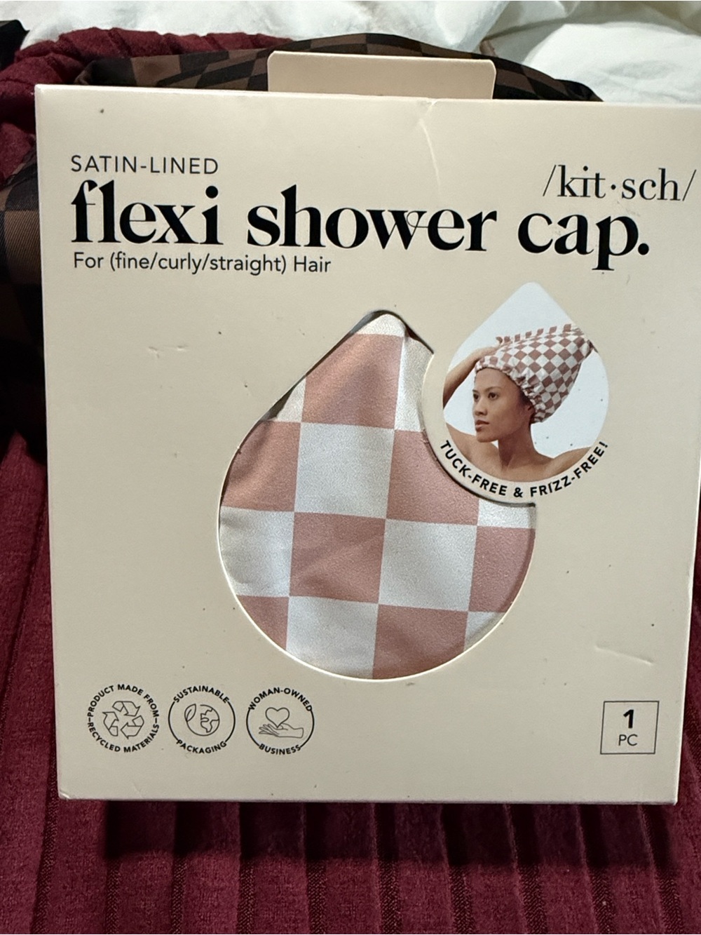 Kitsch Satin-Lined Flexi Shower Cap - Pink & White Check